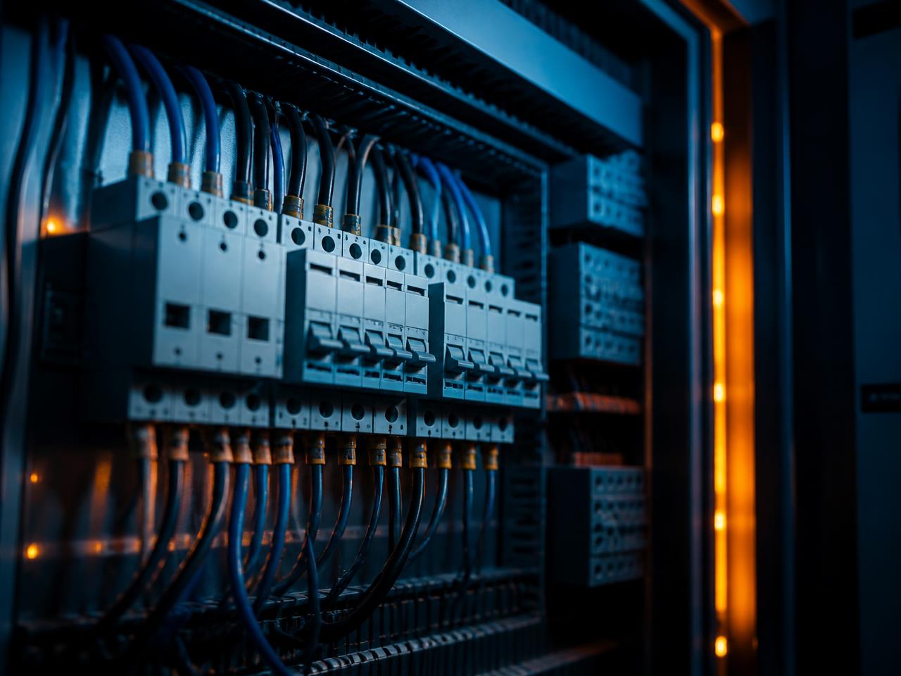 Panel eléctrico moderno con cableado organizado
