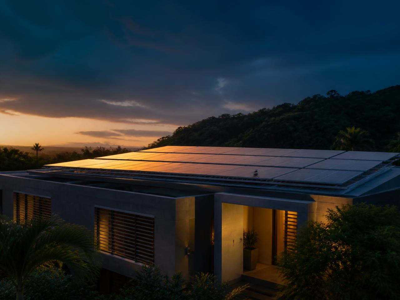 Paneles solares sobre una residencia al atardecer
